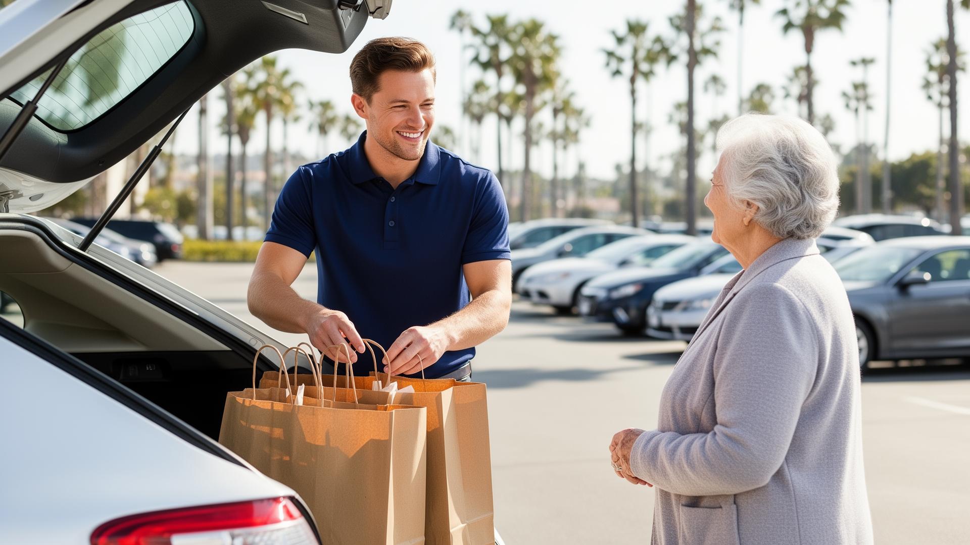 Friendly personal assistant loading groceries into a car for a senior client in Newport Beach